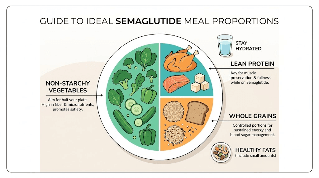 Ideal meal plate proportions for semaglutide users showing protein first approach