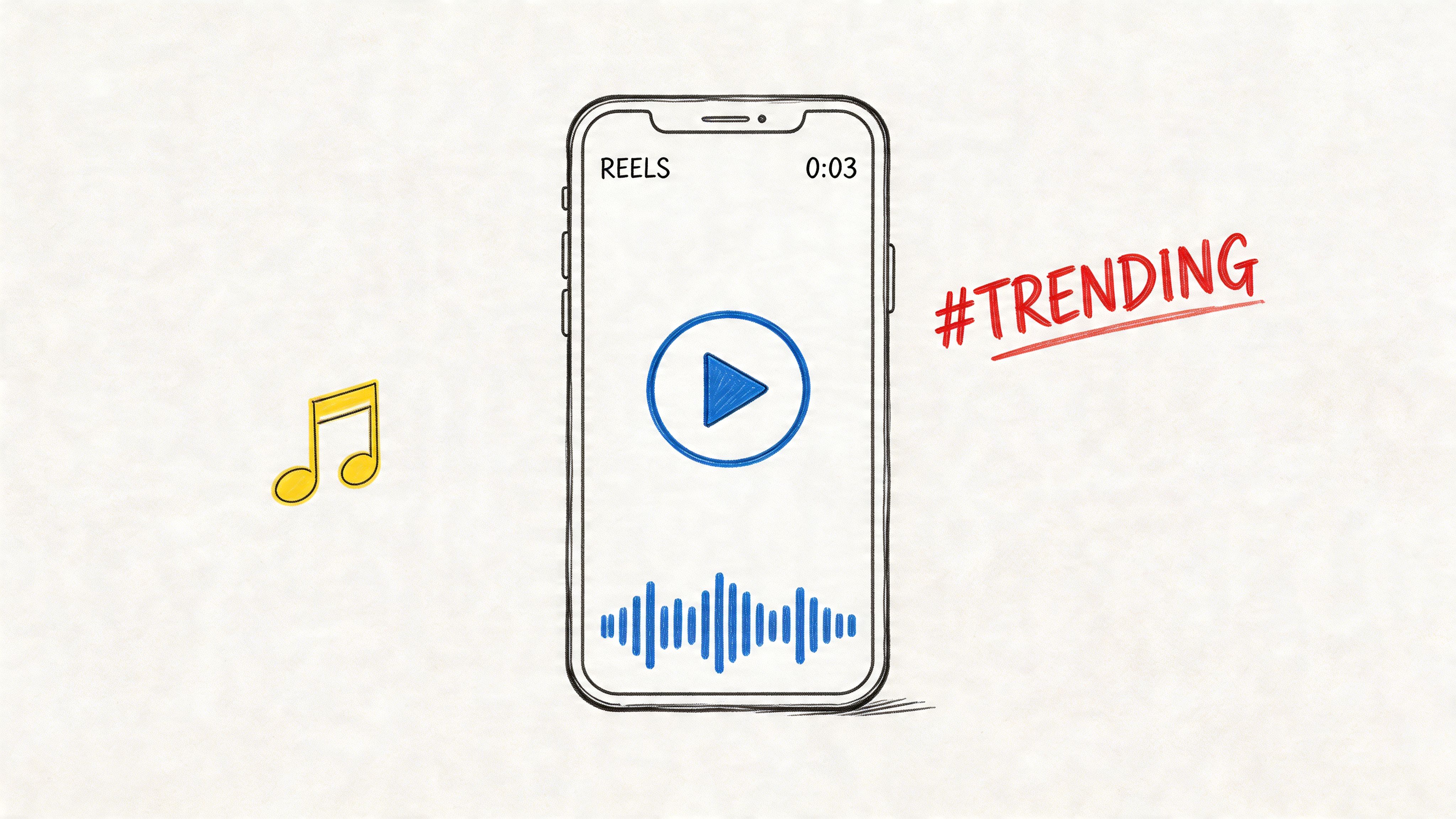 A hand-drawn illustration of a smartphone screen displaying Reels, music notes, and a red trending hashtag.