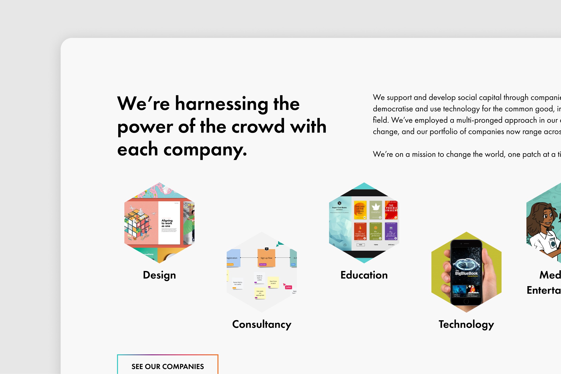 A browser mockup displaying the 'Our Companies' section on the homepage