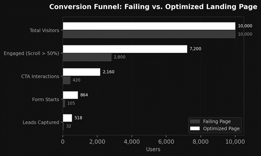 Convertion funnel of failing and optimized landing page 