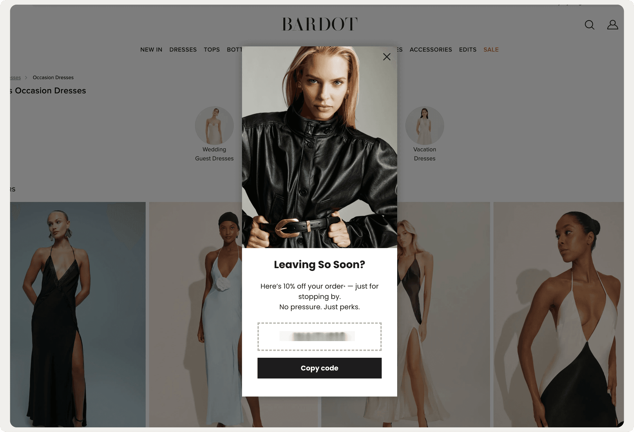Bardot website showcasing a personalized 10% discount popup for visitors leaving the site.