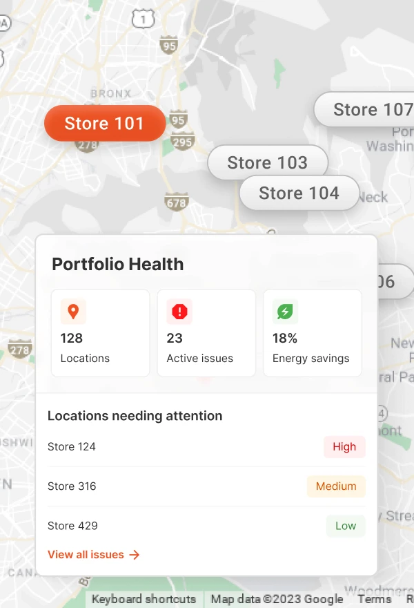 Remote multi-site refrigeration monitoring map showing store-level temperature alerts