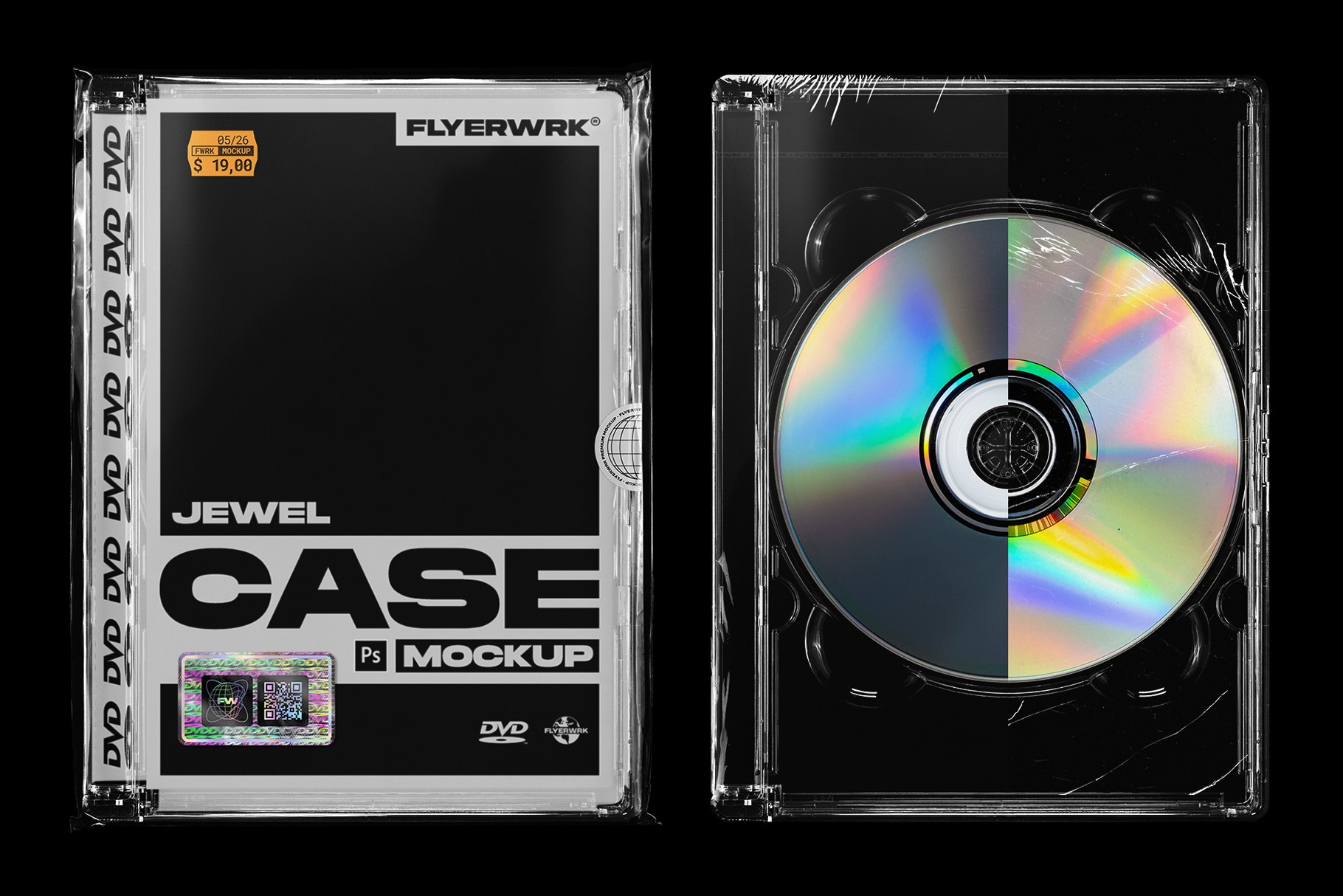 DVD jewel case mockup front cover and open case with reflective disc