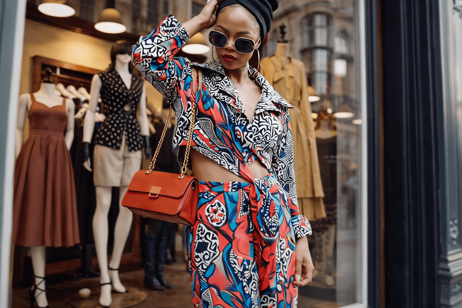 Three people in trench coats walk past a neon storefront.