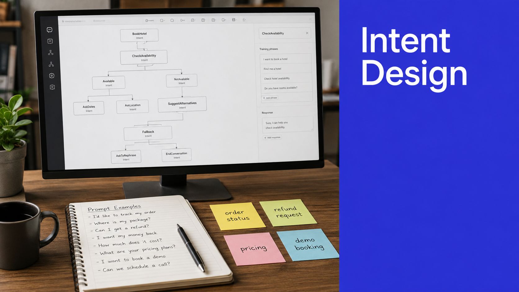 A computer screen showing a flowchart for chatbot intent design alongside a notepad and sticky notes.