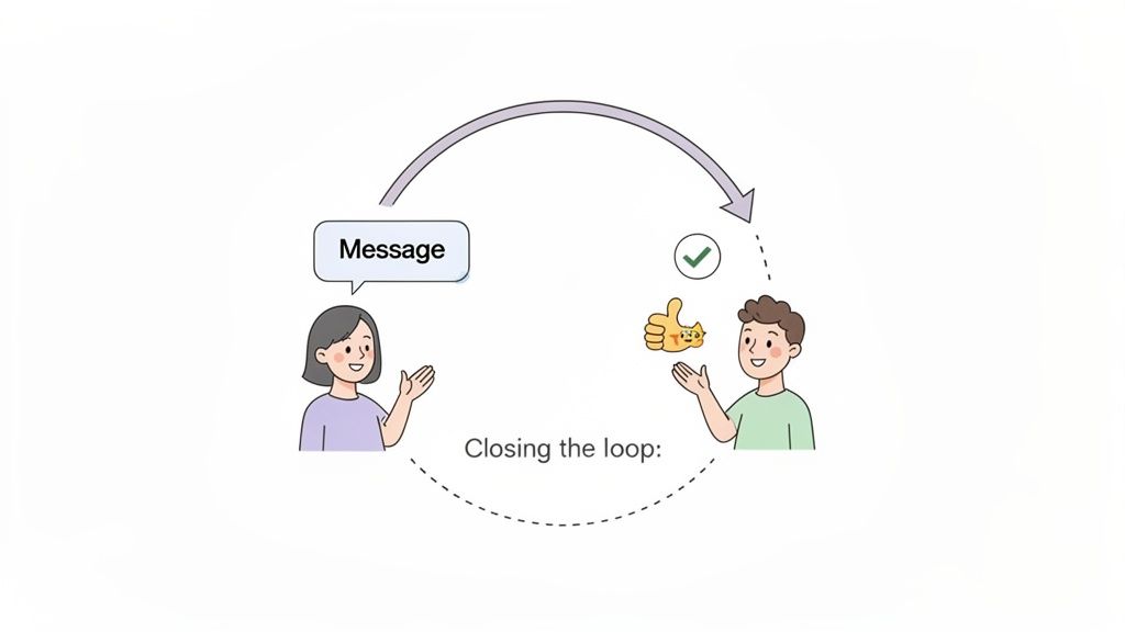 Illustration of two people, a woman sending a message and a man acknowledging receipt, symbolizing closed-loop communication.