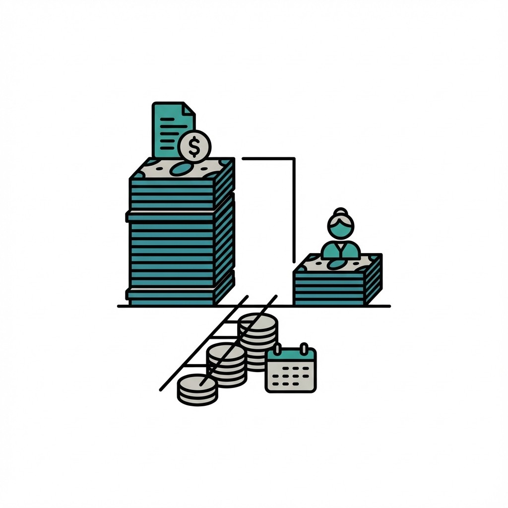 Illustration: Hoher Geldstapel links, niedriger Stapel mit Frauenfigur rechts. Unten eine Leiter, Münzen und ein Kalender.