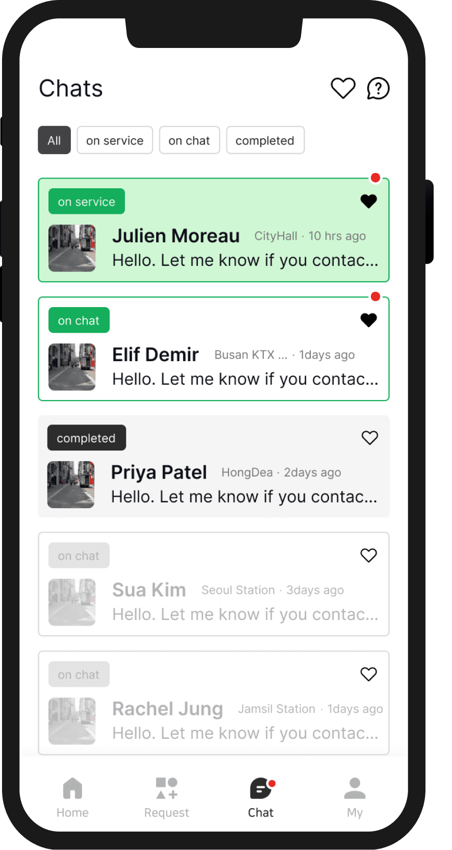 HeyLocal chat list screen showing conversations with locals and travelers, categorized by service status such as on service, on chat, and completed, with recent messages from City Hall, Busan KTX, and Hongdae.
