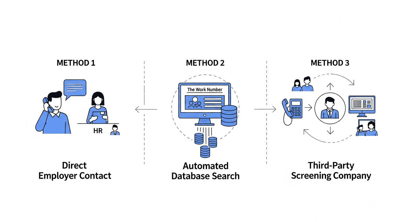 Professional infographic showing three methods of employment verification: 1) Direct employer contact with HR representative on phone, 2) Automated database search with computer screen showing The Work Number system, 3) Third-party screening company combining both approaches. Clean, modern business illustration style with icons and connecting elements, blue and white color scheme, minimalist design