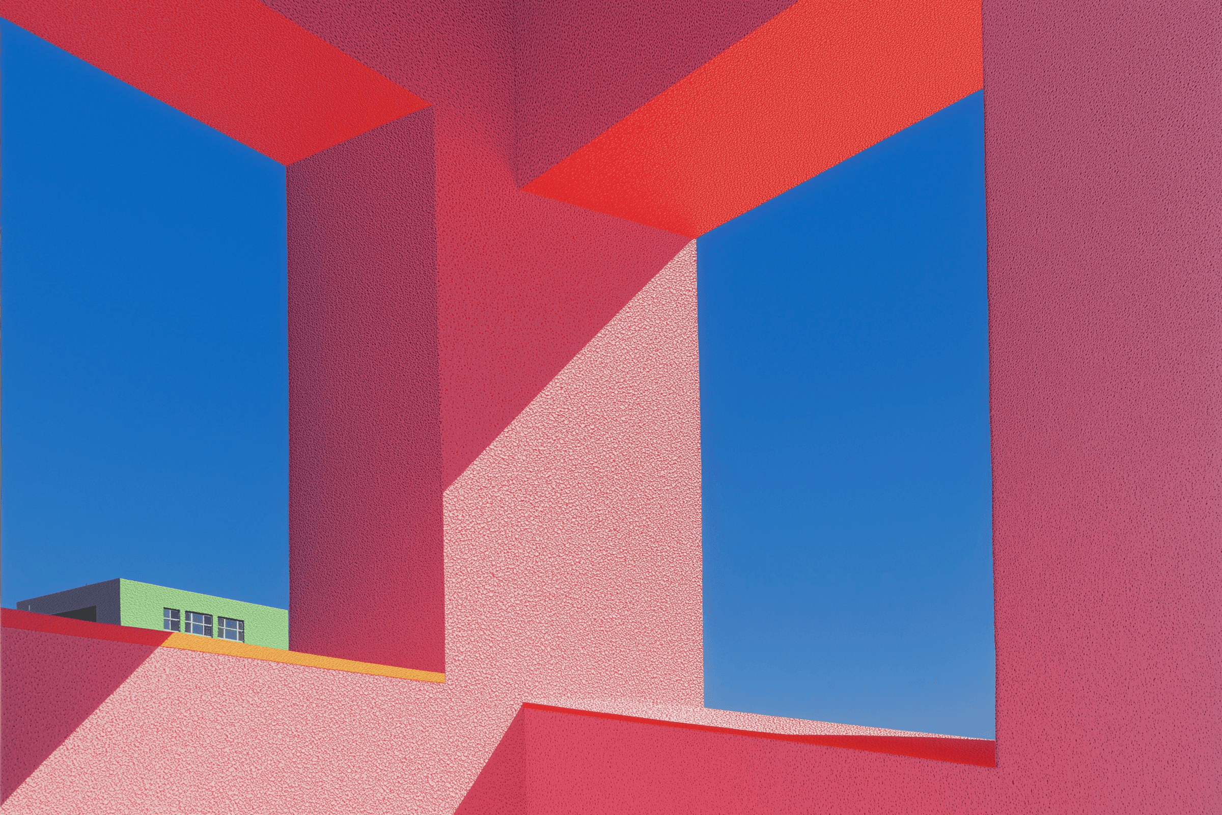 Geometric pink structures frame the blue sky, with a green building visible.