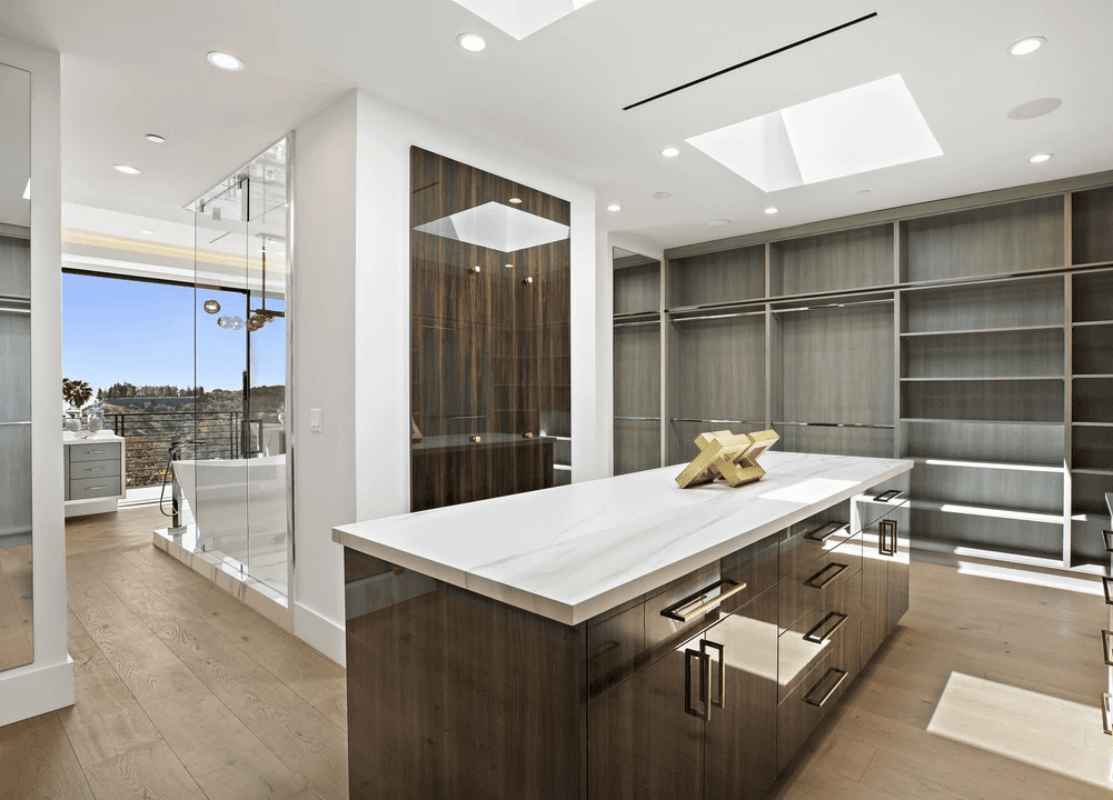 grey and brown modern classy luxury master closet glossy