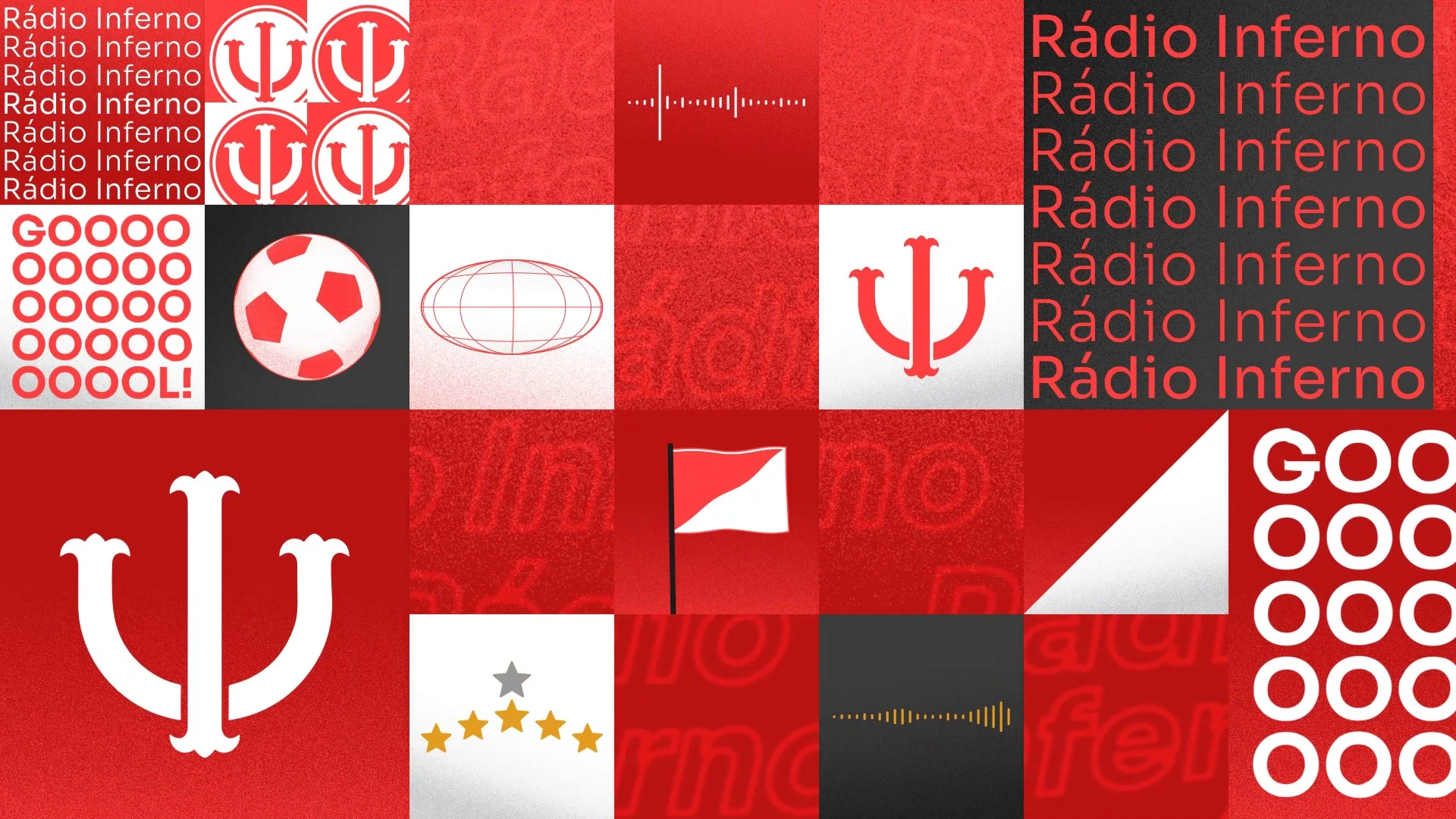 Waiting-screen frame with Rádio Inferno icons, repeated lettering, a football, globe, flag and a curved arrangement of stars.
