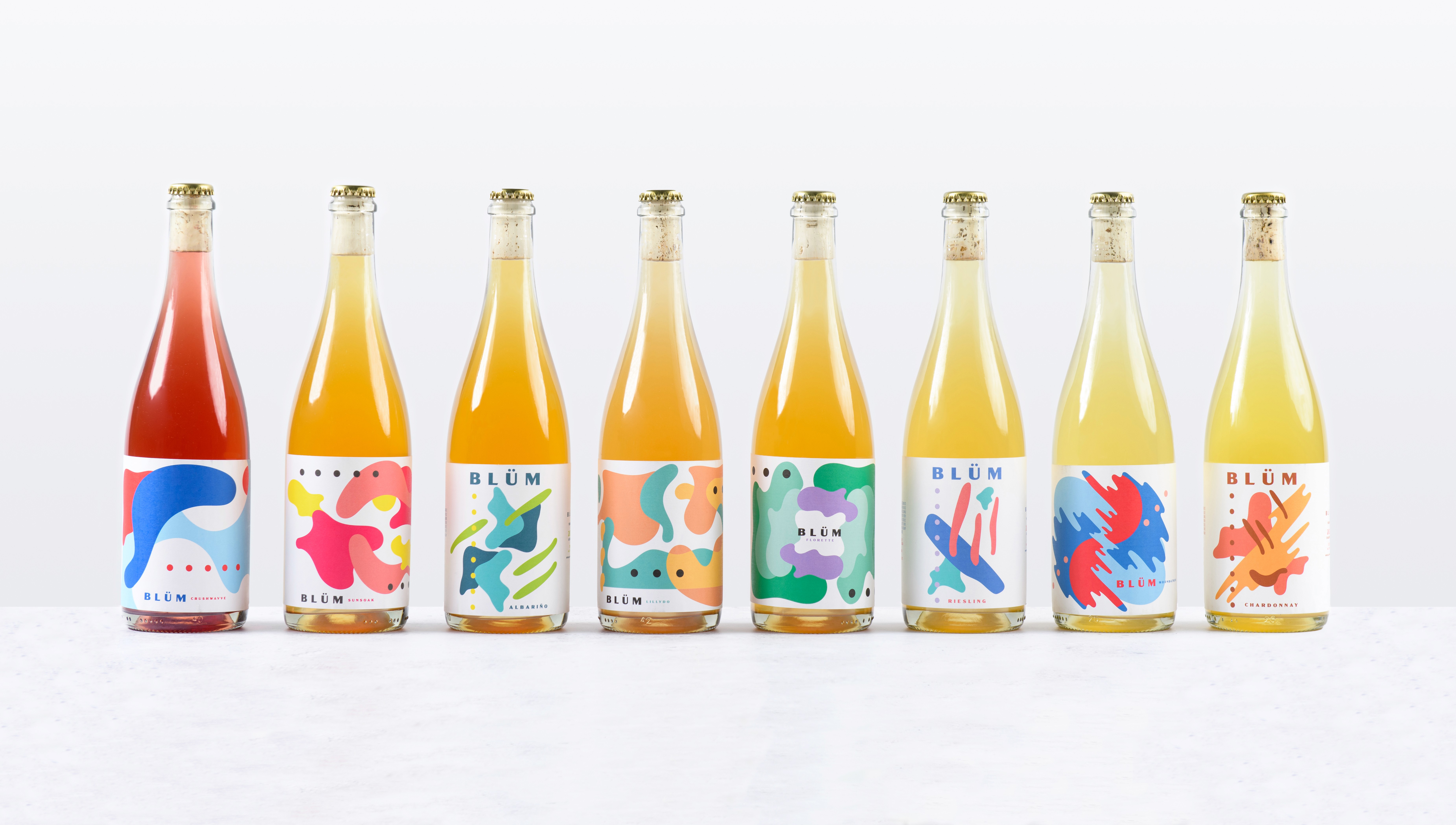 Blum white natural wine bottle lineup