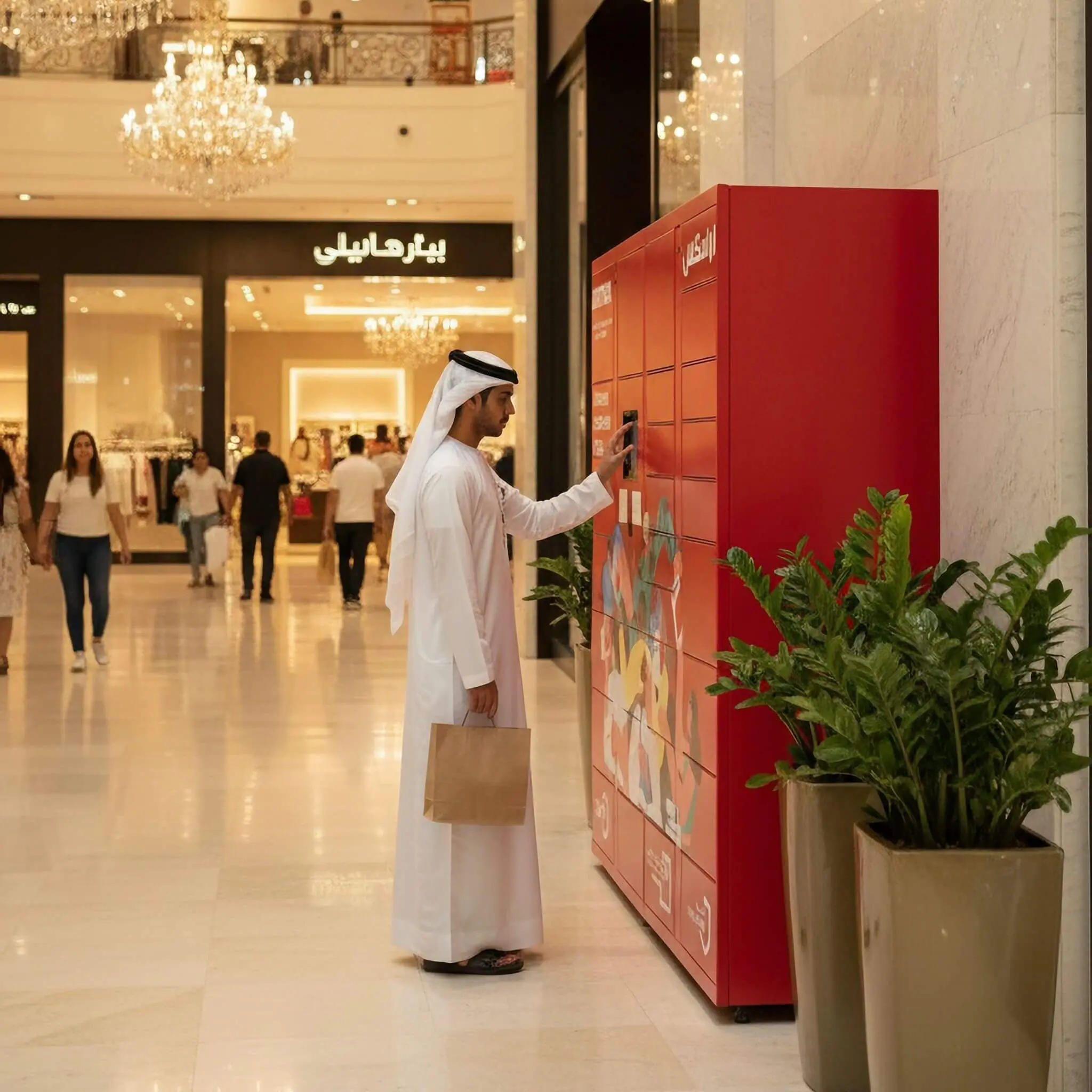 Customer using a click and collect locker in a shopping mall, example of BOPIS and in-store pickup