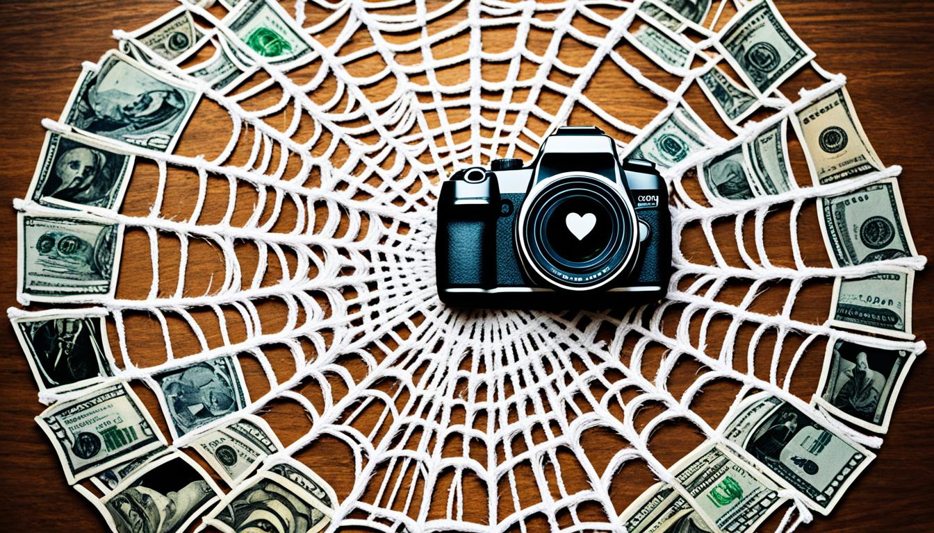 Create an image of a spiderweb with various symbols and objects woven into it, such as a heart, a dollar sign, a camera, and a microphone. Each symbol represents a different theme or topic to include in an Instagram caption strategy, such as love, money, photography, and storytelling. The spiderweb should be intricately crafted and visually striking to represent the importance of thoughtful and intentional caption crafting.