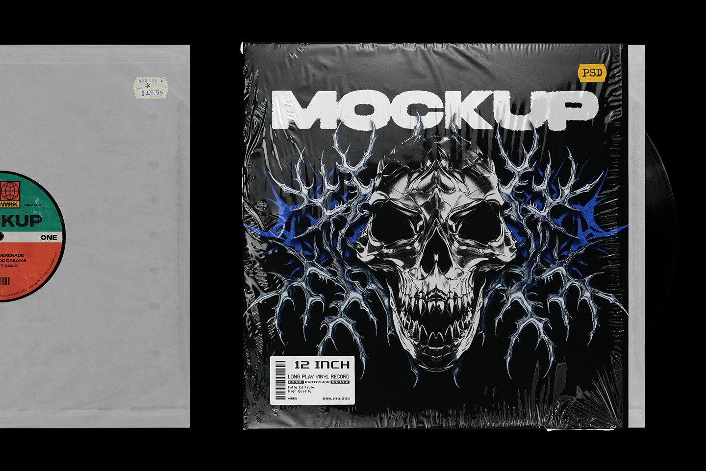 Vinyl record mockup inner sleeve with editable cover and visible vinyl record