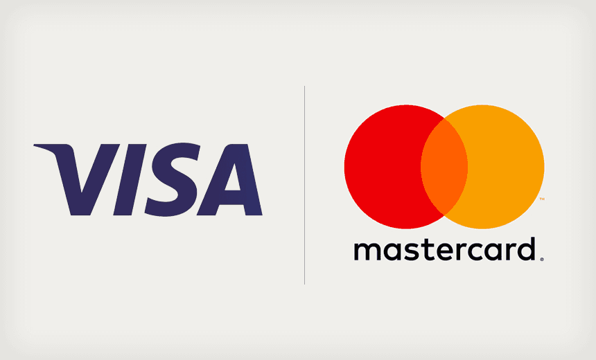 Logos von Visa und Mastercard nebeneinander, als Übergang von Visas Rückbuchungs-Gründen zu denen von Mastercard.