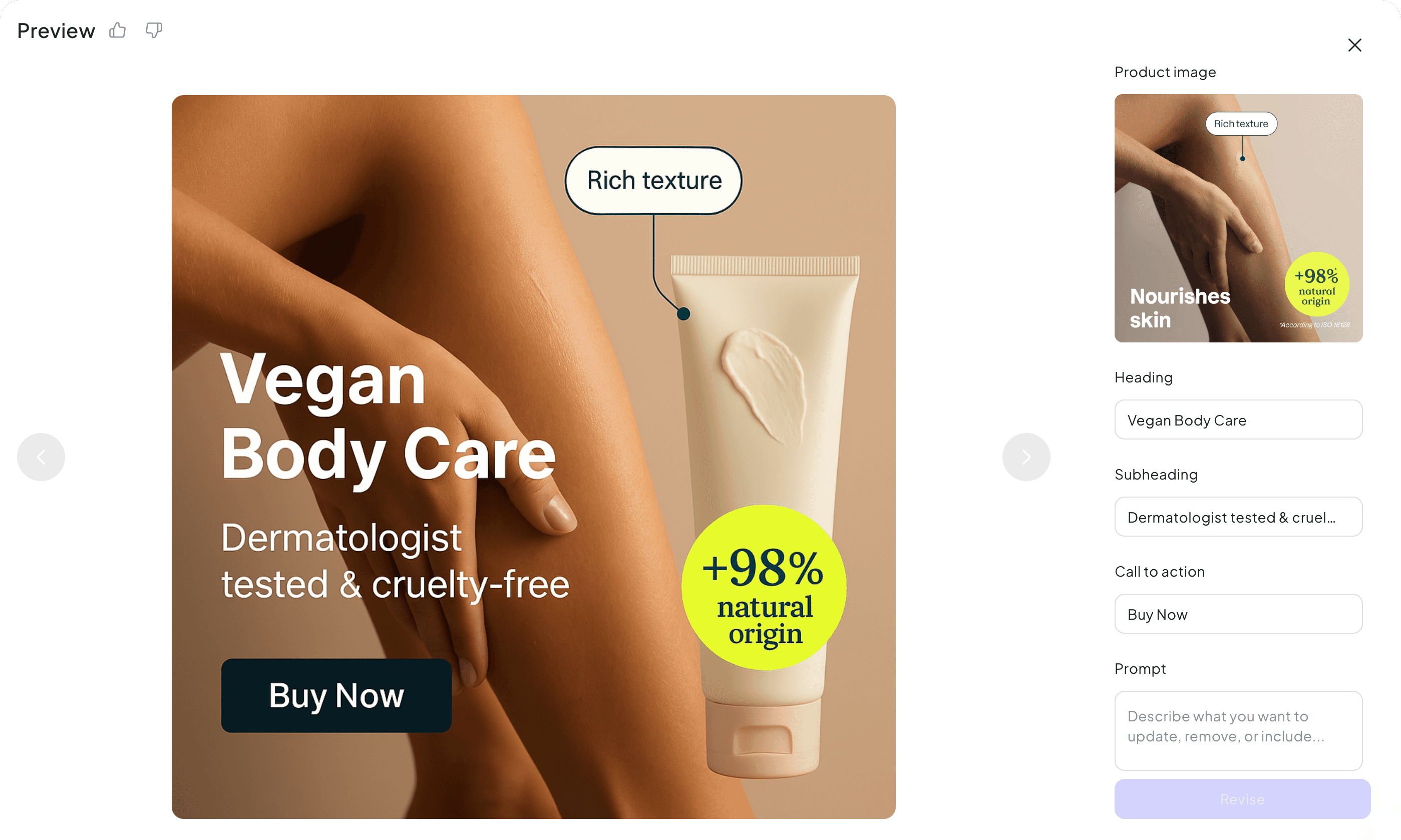 Ad for "Vegan Body Care" showing a person's leg, a cream tube, and editing fields for heading and subhead.
