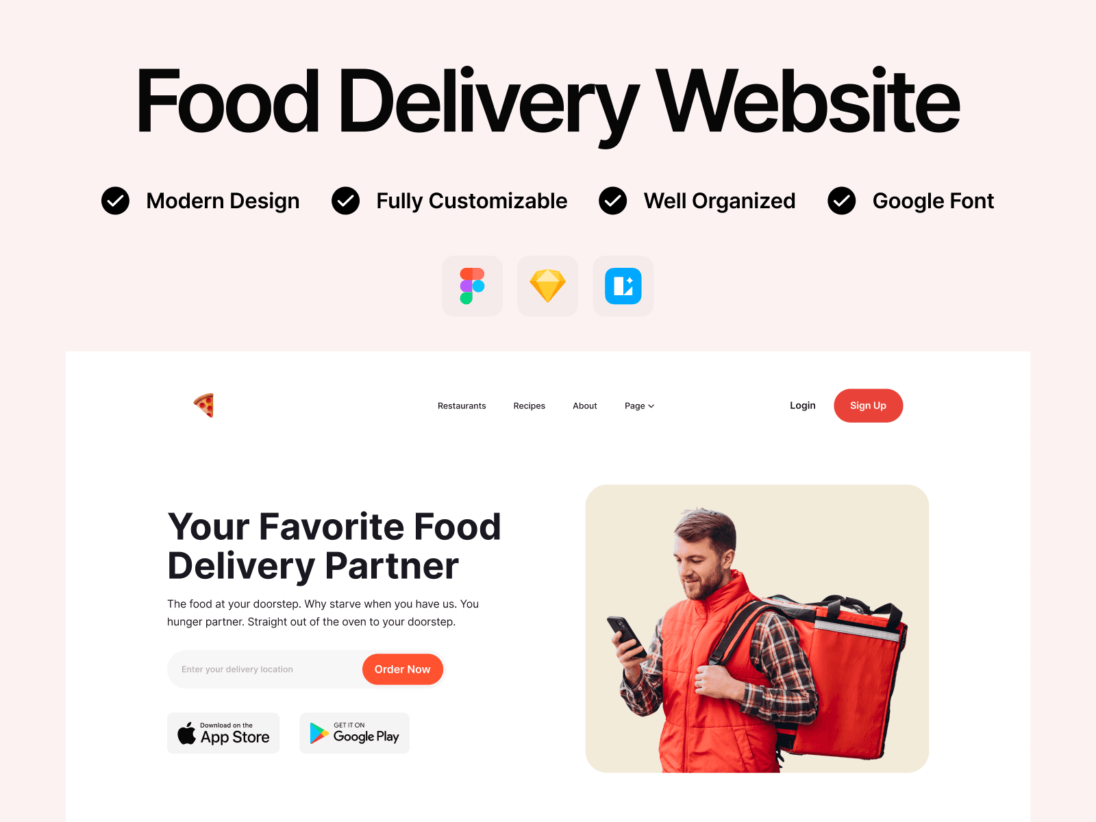 Food delivery UI kit featuring restaurant menus, product cards, and modern delivery layouts