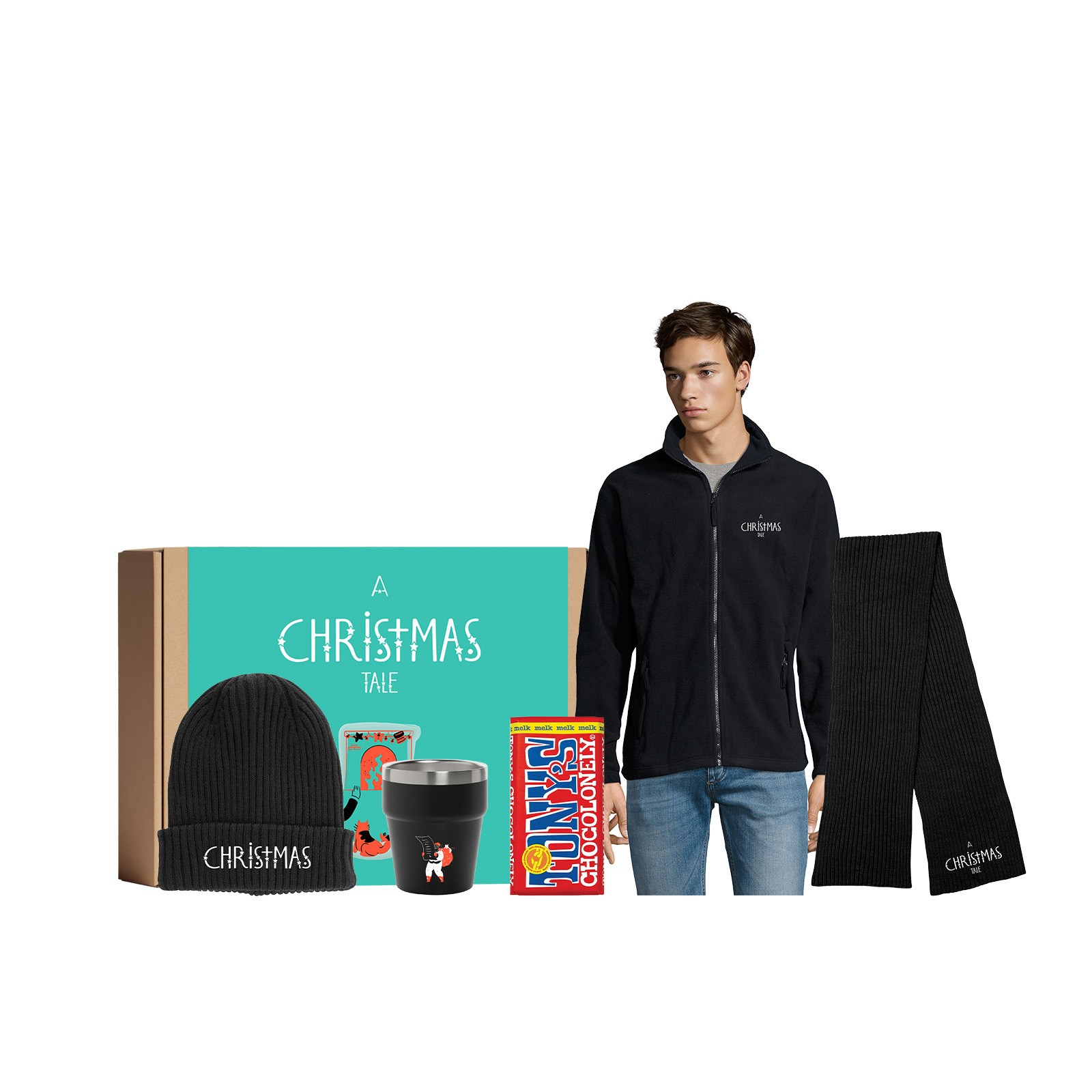 Christmas-themed gift set including a beanie, travel mug, chocolate, fleece jacket, and scarf
