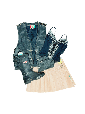 Black leather vest, kilt, corset, and tall black boot with AXO patch.