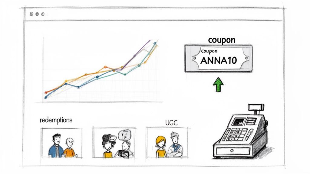 A sketch illustrating digital marketing metrics, including a trend graph, a coupon 'ANNA10', redemptions, and user-generated content.