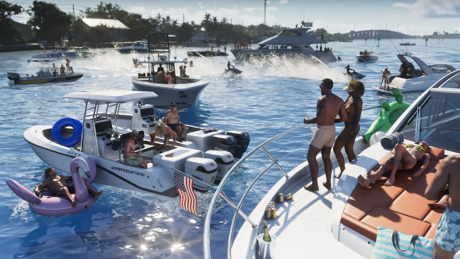 Grupo de personas en barcos y lanchas disfrutando de una fiesta acuática en Vice City