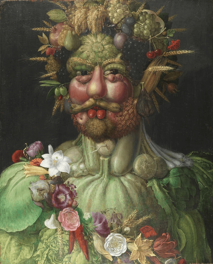 Portrait of a man adorned with flowers and foliage, embodying nature and the changing seasons.