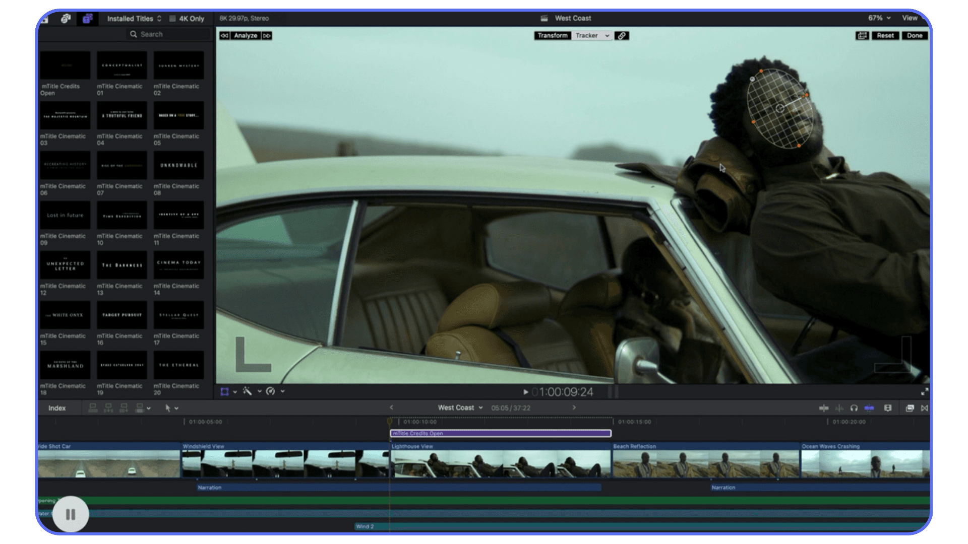 Final Cut Pro scene with facial tracking mask applied to a man leaning on a vintage car, editing timeline below.