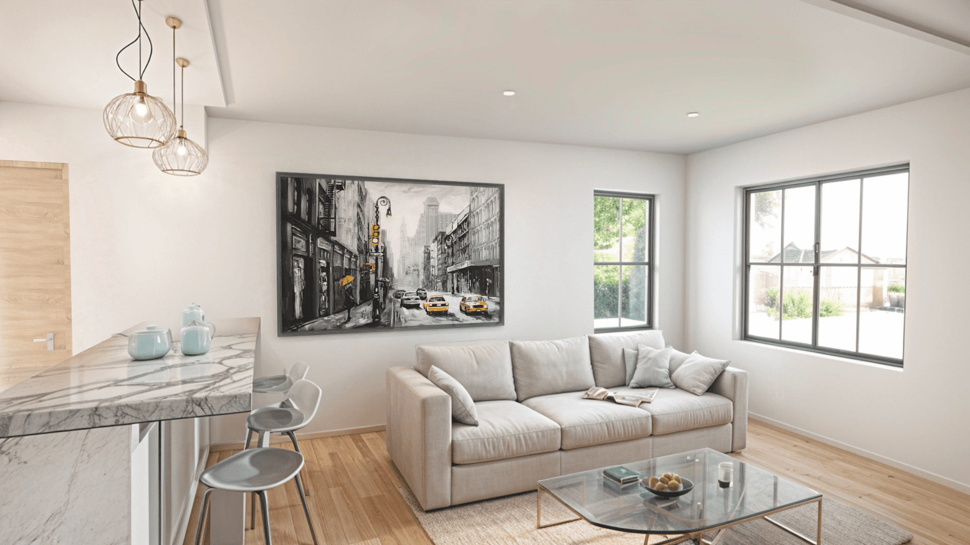 Modern living room with natural lighting, minimalist decor, and an integrated open kitchen with a marble countertop.