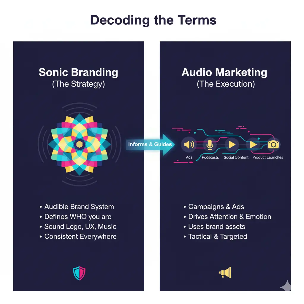 A side-by-side comparison. On the left, a stylized, colorful floral emblem labeled "Sonic Branding (The Strategy)" with bullet points: "Audible Brand System," "Defines WHO you are," "Sound Logo, UX, Music," "Consistent Everywhere." On the right, a microphone with sound waves moving through icons of an ad, podcast, social media, and camera, labeled "Audio Marketing (The Execution)" with bullet points: "Campaigns & Ads," "Drives Attention & Emotion," "Uses brand assets," "Tactical & Targeted." An arrow points from Sonic Branding to Audio Marketing, labeled "Informs & Guides."