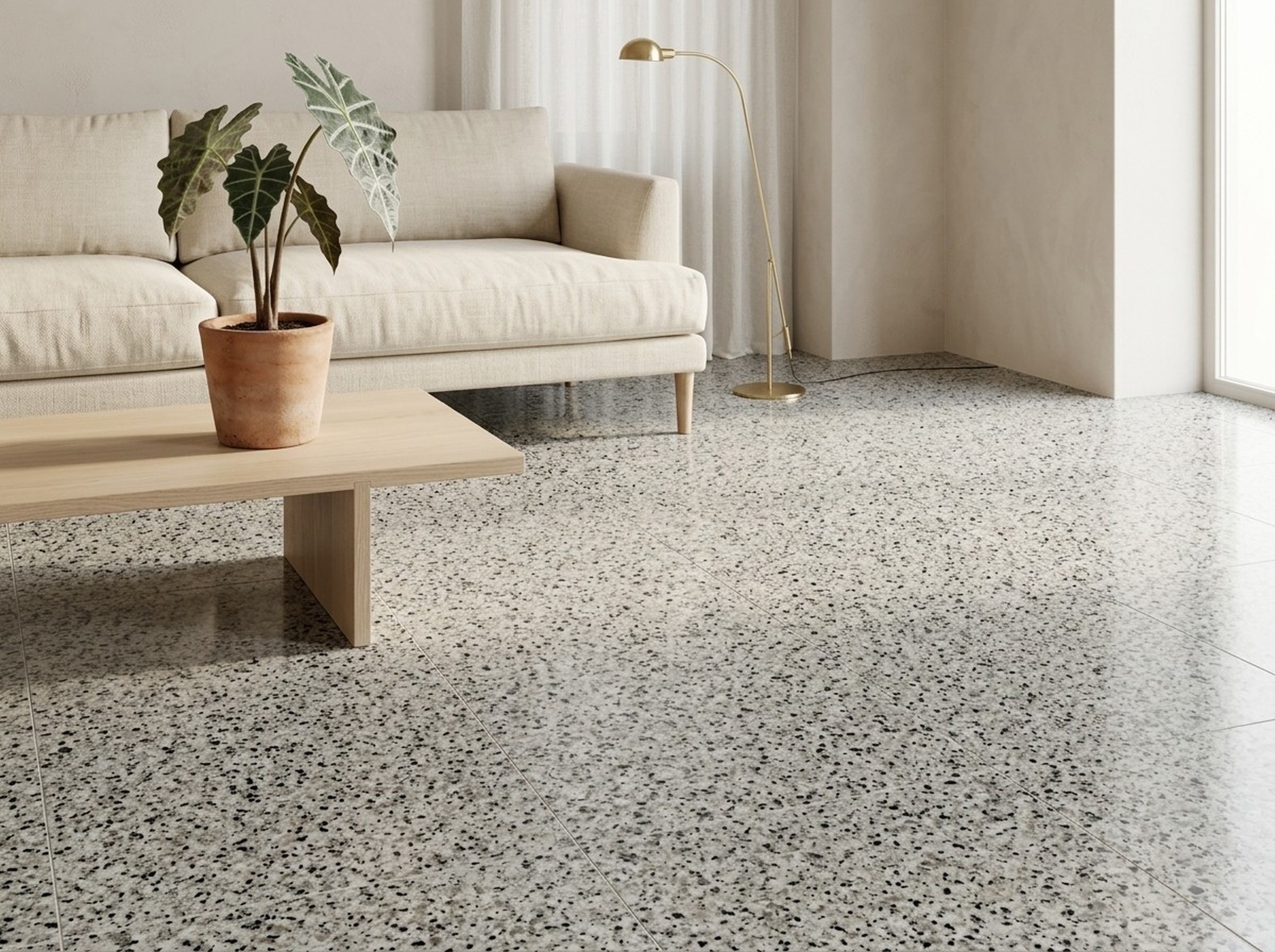 Living room with a Saudi Bianco Polished granite floor reflecting soft daylight