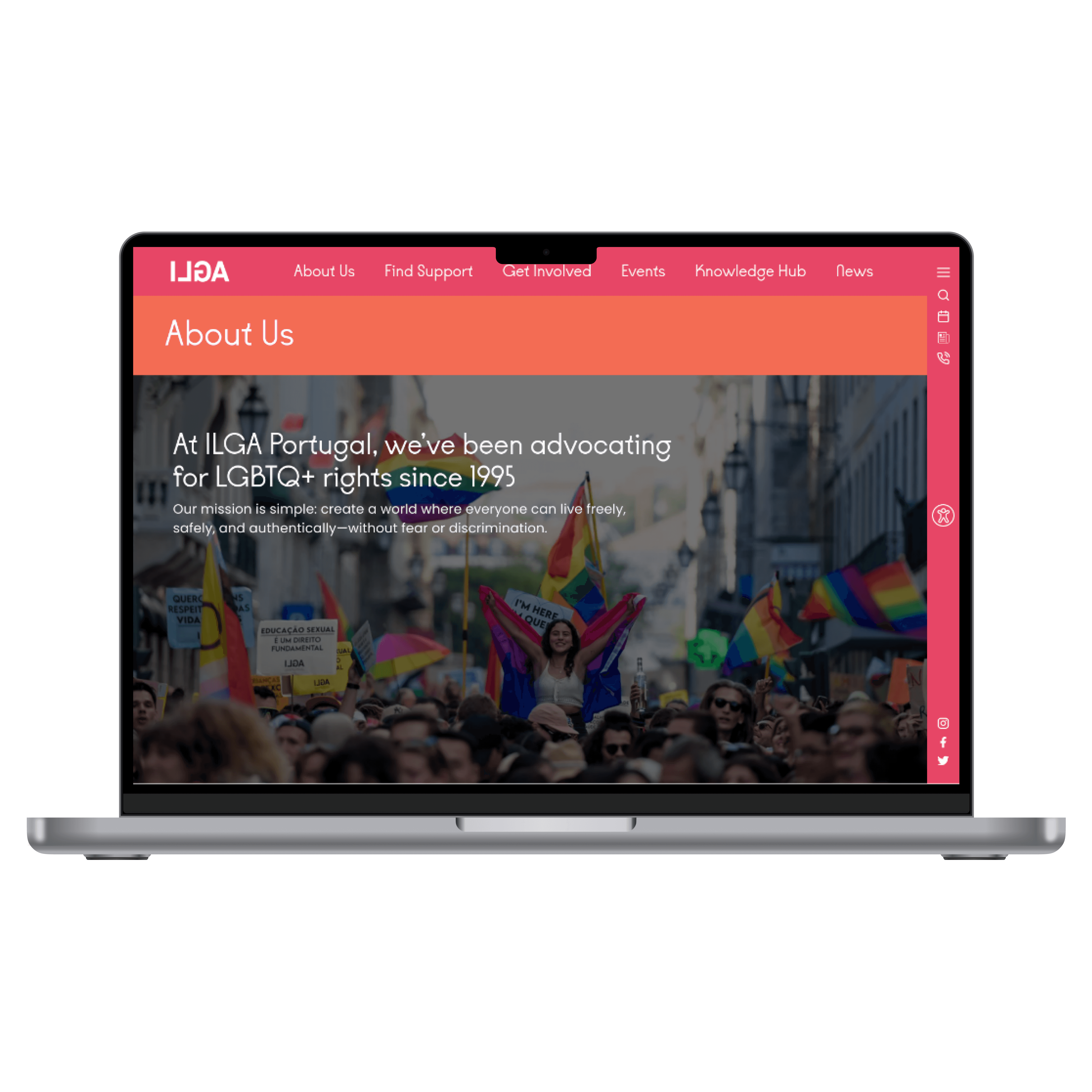 Laptop mockup showing ILGA Portugal About Us page.