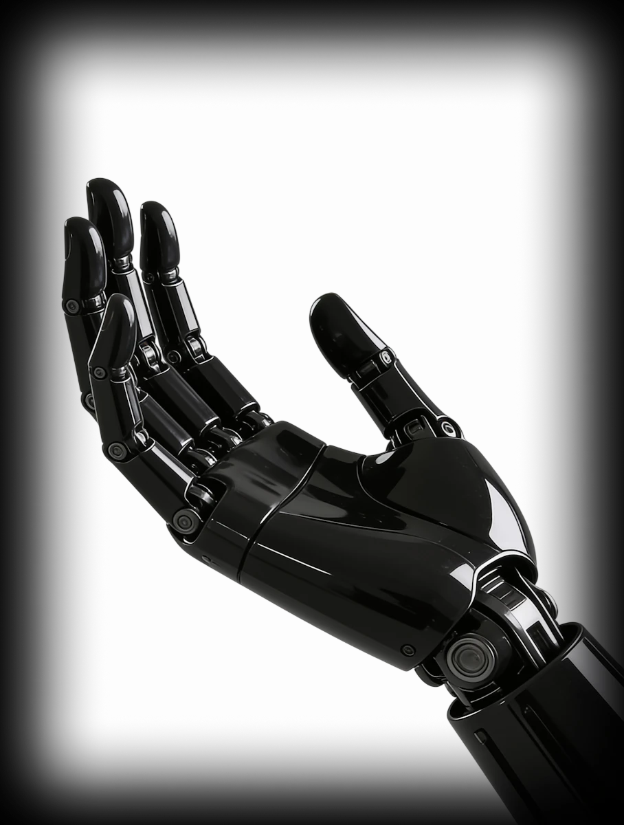 Glossy black robotic hand in polished metal with detailed articulated fingers, palm facing upward against a white background