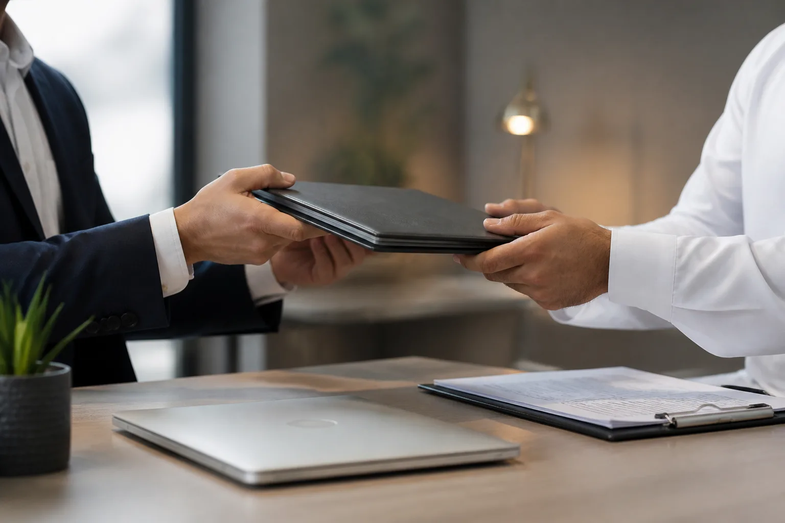 Transferring Ownership of a Dubai Company beside a Dubai trade license document and a modern