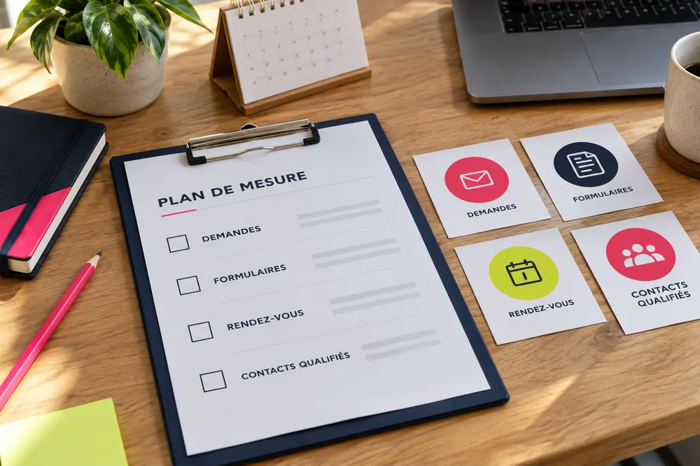 Plan de mesure imprimé et fiches des demandes, formulaires, rendez-vous et contacts qualifiés.