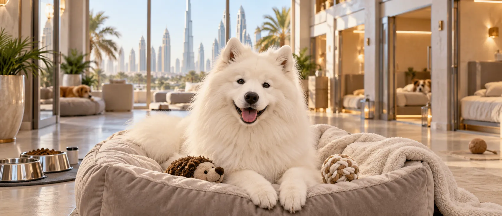 A Samoyed relaxes in a dog bed with the Dubai skyline behind, representing comfortable dog boarding.