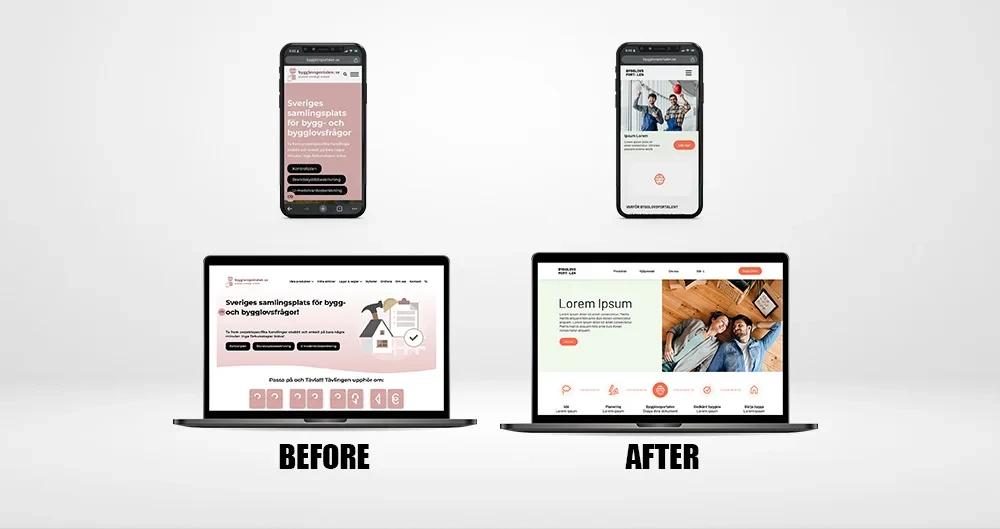 Before: the old pink Bygglovsportalen site with a countdown. After: the new design with a clear hero and a five-step journey