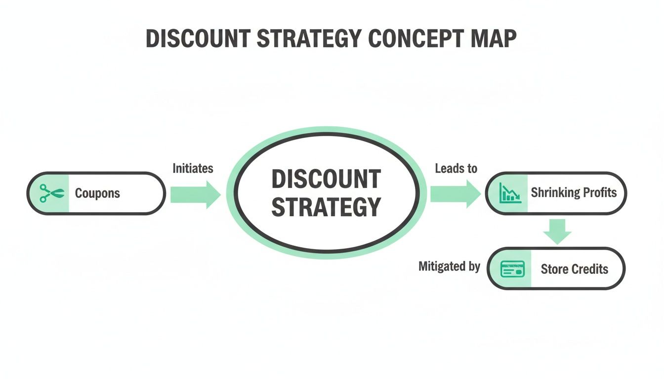 A concept map showing discount strategy, initiated by coupons, leading to shrinking profits, mitigated by store credits.