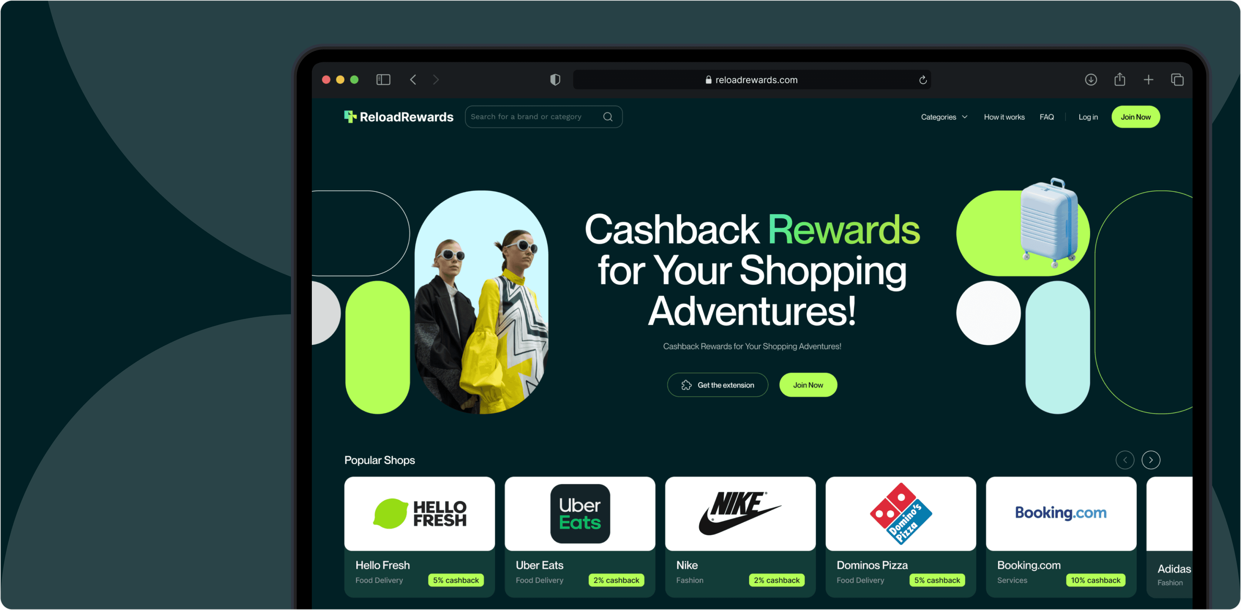 ReloadRewards website interface showcasing a vibrant, modern design with the headline 'Cashback Rewards for Your Shopping Adventures!' A visually striking layout features models in stylish attire and a suitcase, highlighting the platform's appeal to shoppers. Below the main banner, popular shops like Hello Fresh, Uber Eats, Nike, Dominos Pizza, and Booking.com are displayed with cashback offers, reflecting the variety of brands and services available on the platform.