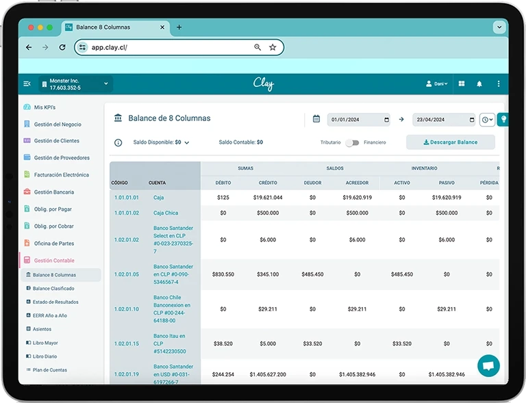 Panel de software contable con Estado de resultados de Clay desde el iPad