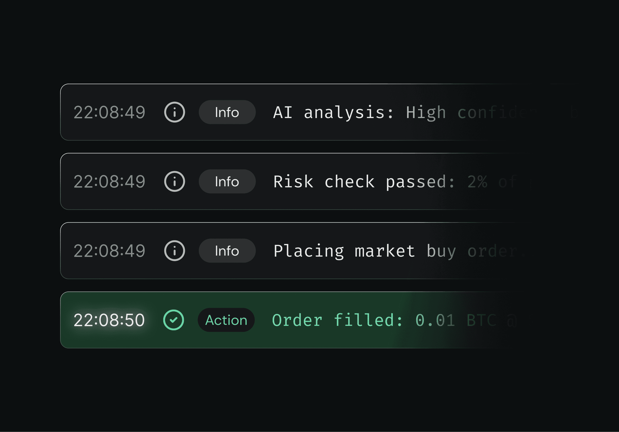 Automated trading log showing buy signal detection, risk validation, and successful order execution