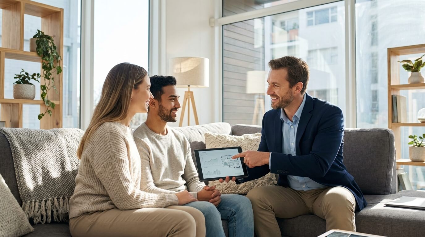 Corretor de imóveis sorridente conversando com um casal em uma sala de estar iluminada, enquanto segura um tablet mostrando gráficos modernos, simbolizando a união entre tecnologia e atendimento humanizado.