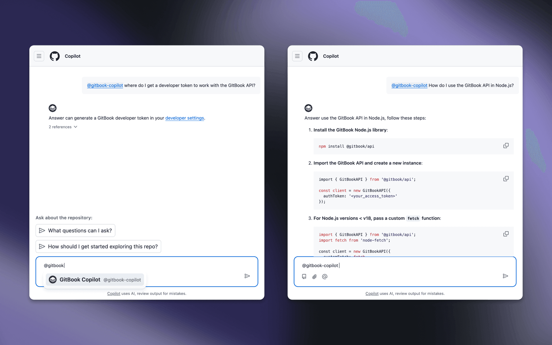 Two light-mode screenshots of GitBook’s Copilot Extension being used in GitHub