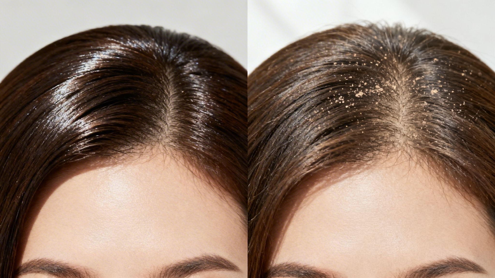 Close-up of a person's scalp showing healthy, shiny hair on the left and dry, flaky scalp on the right.