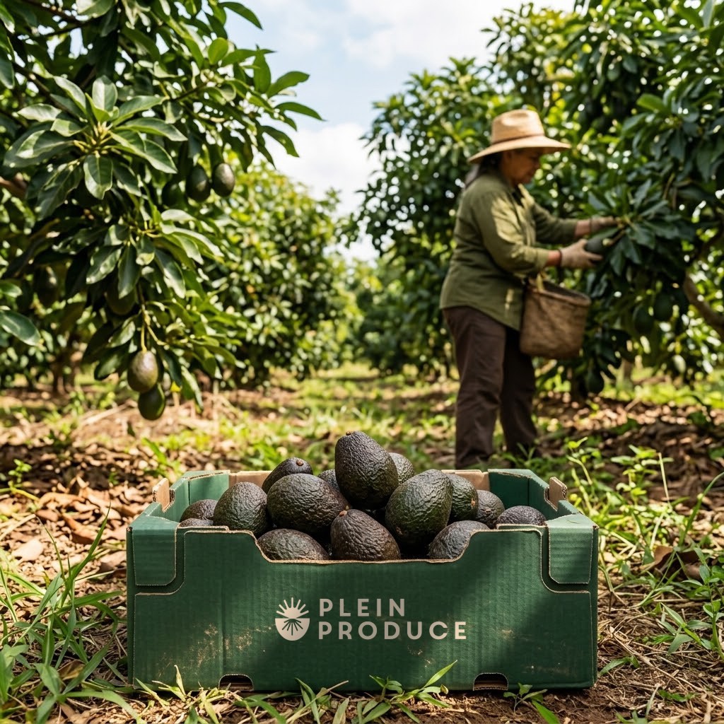 Grower picking avocados beside a Plein Produce crate in the orchard