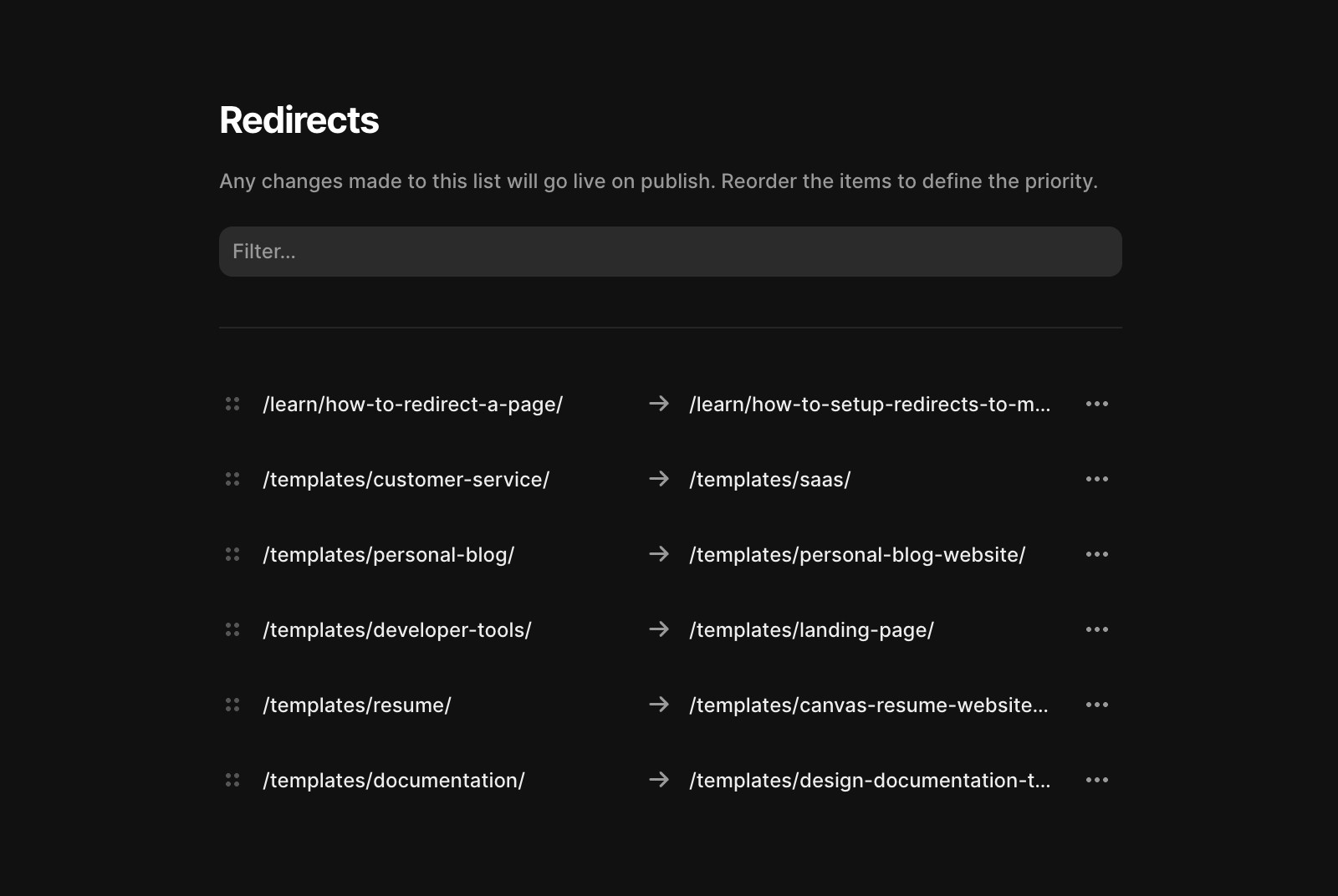 A user interface displaying a list of URL redirects. Each row includes a source URL and its corresponding destination URL.