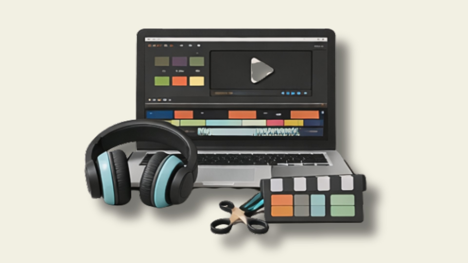 Podcast producer monitoring audio and video recording on laptop and studio equipment in a professional London podcast studio