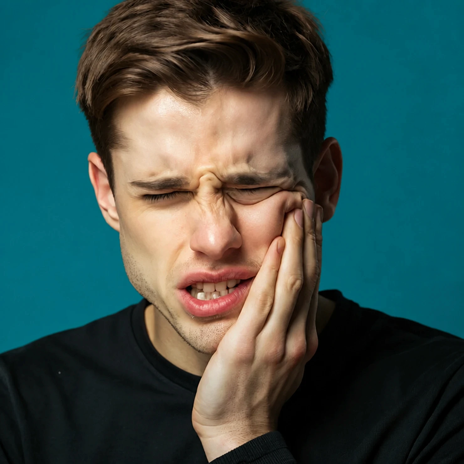Young man holding his jaw in pain with a distressed expression due to severe toothache.