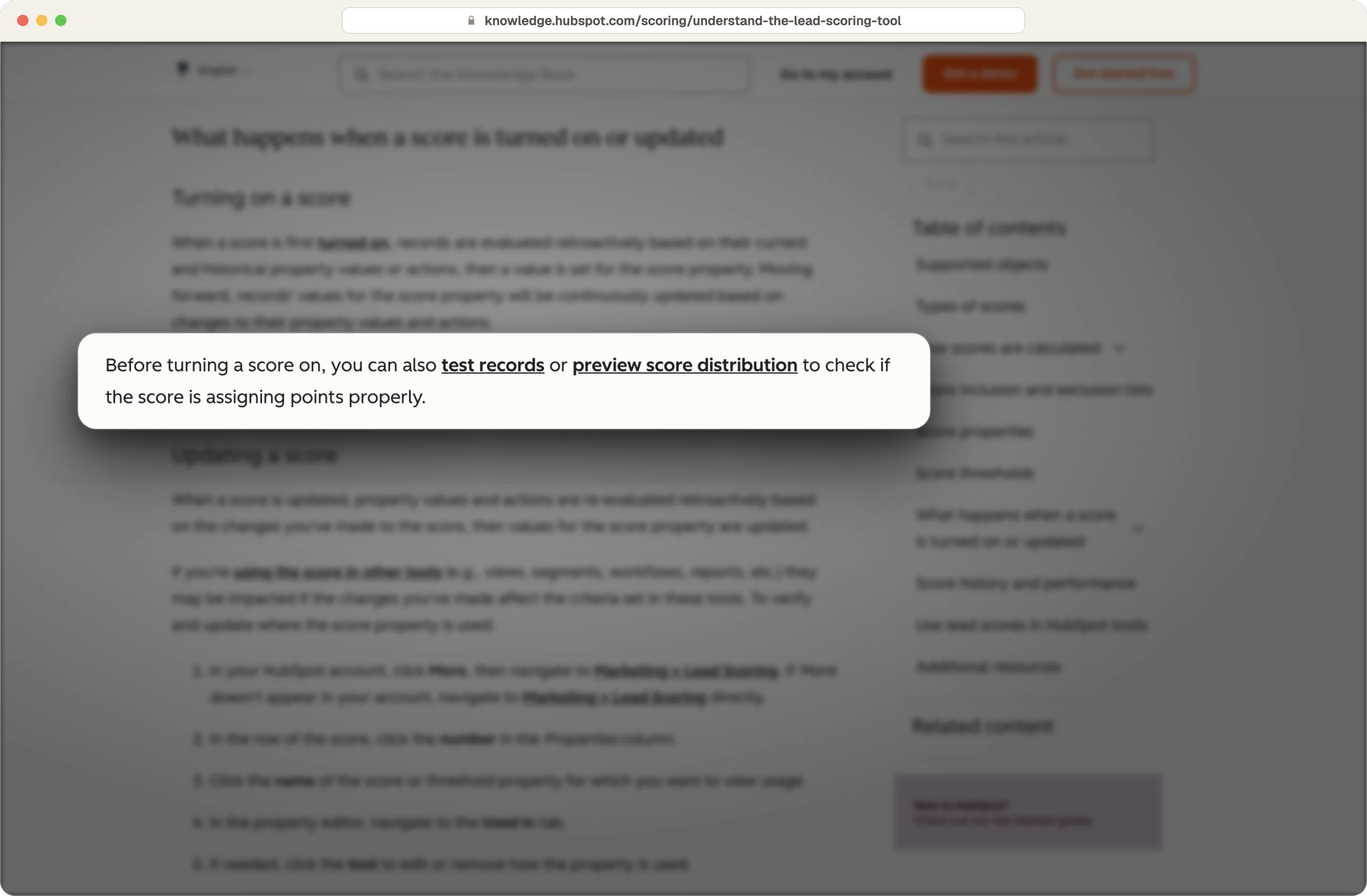 HubSpot knowledge base noting you can test records and preview score distribution before turning a score on